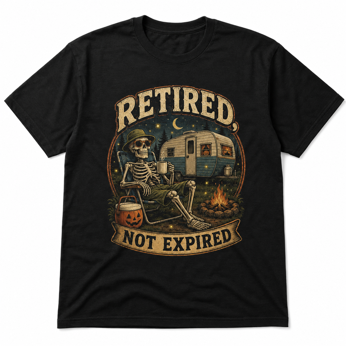 Retired Not Expired Camping Halloween Skeleton Shirt