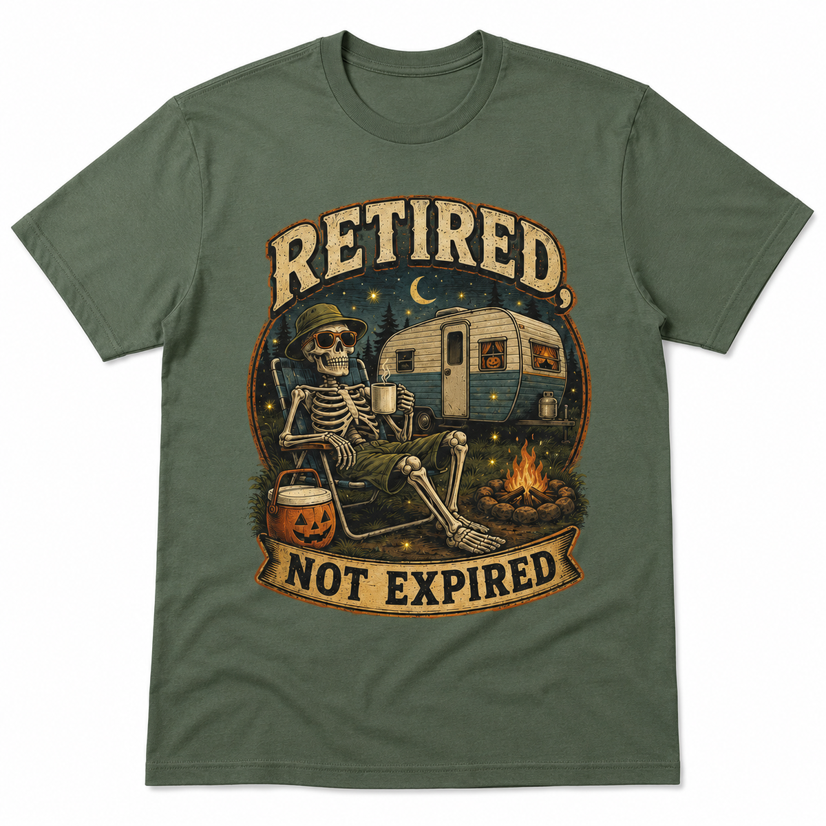Retired Not Expired Camping Halloween Skeleton Shirt