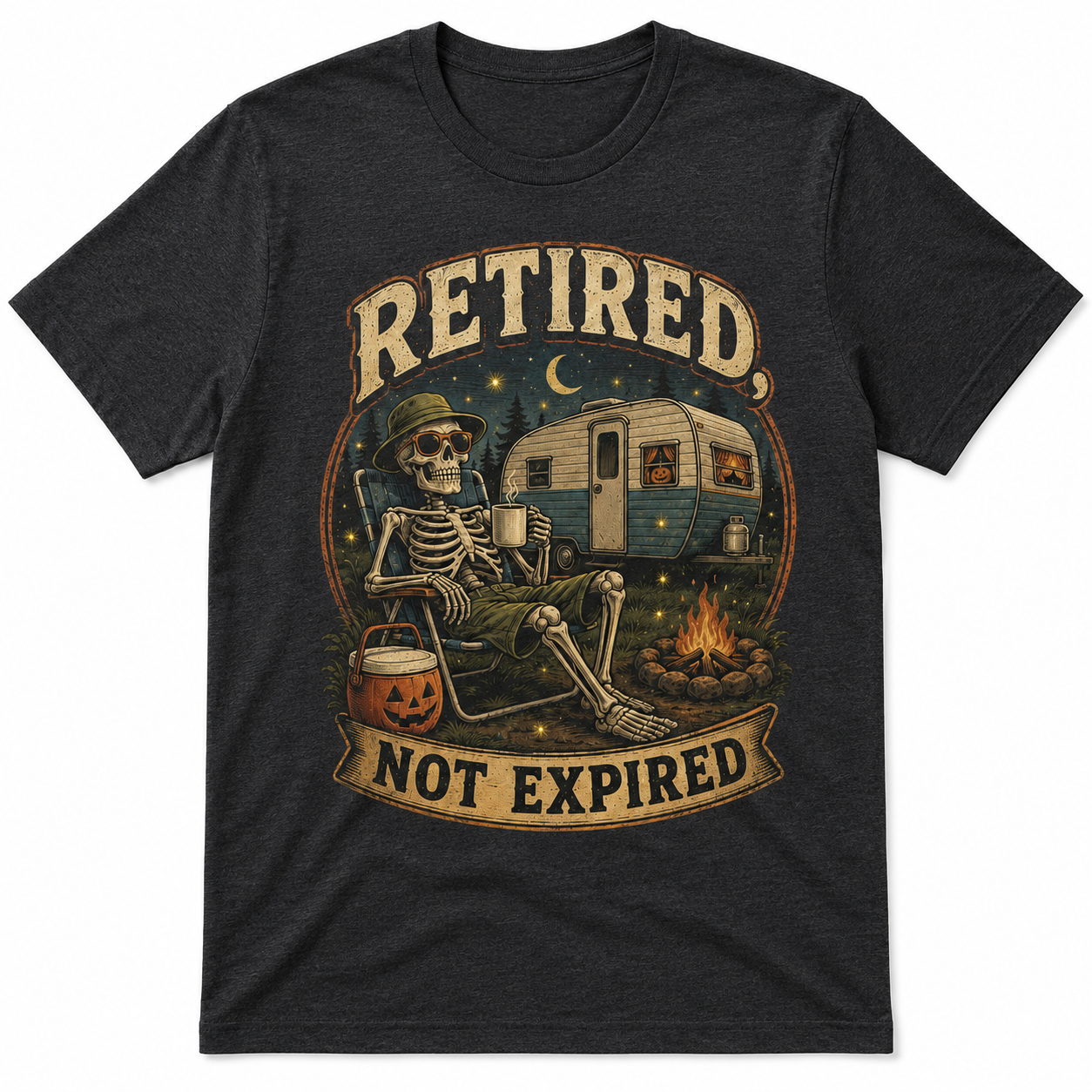 Retired Not Expired Camping Halloween Skeleton Shirt