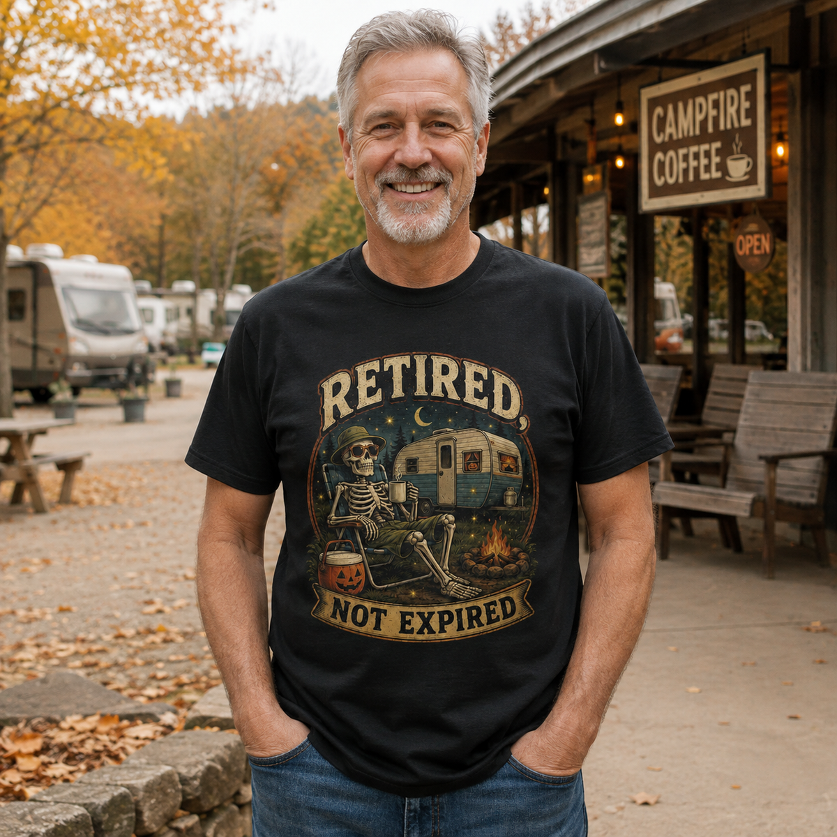Retired Not Expired Camping Halloween Skeleton Shirt