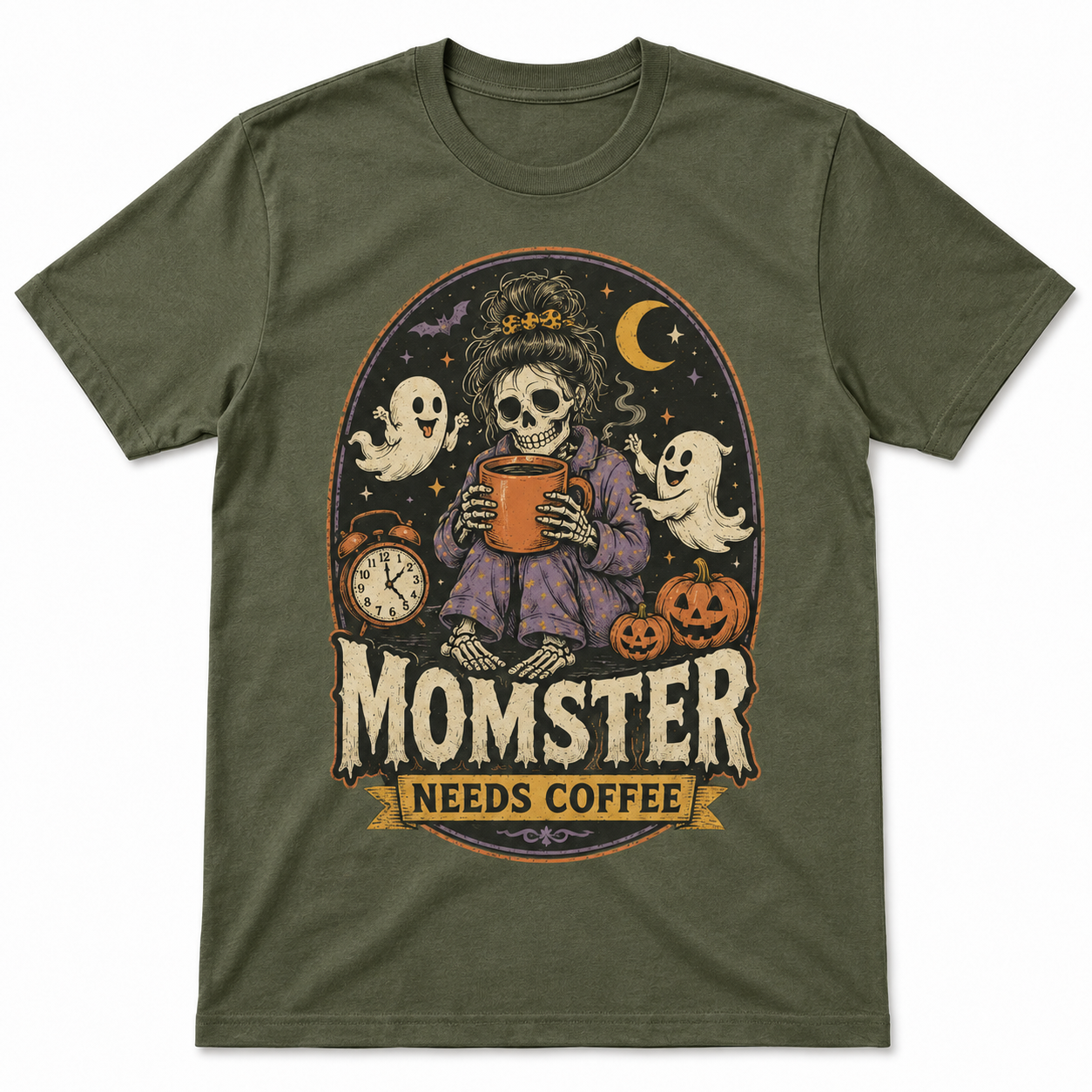 Momster Needs Coffee Halloween Skeleton Shirt