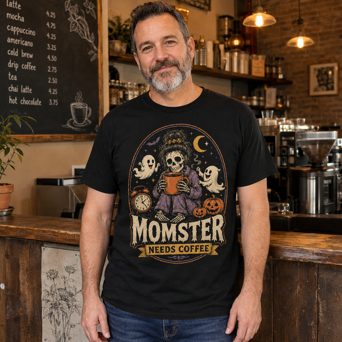 Momster Needs Coffee Halloween Skeleton Shirt
