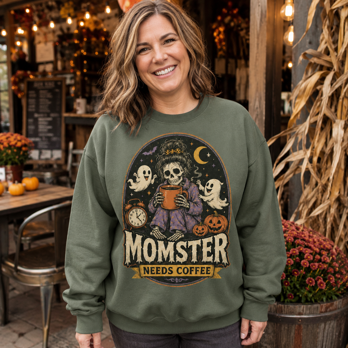 Momster Needs Coffee Halloween Skeleton Shirt