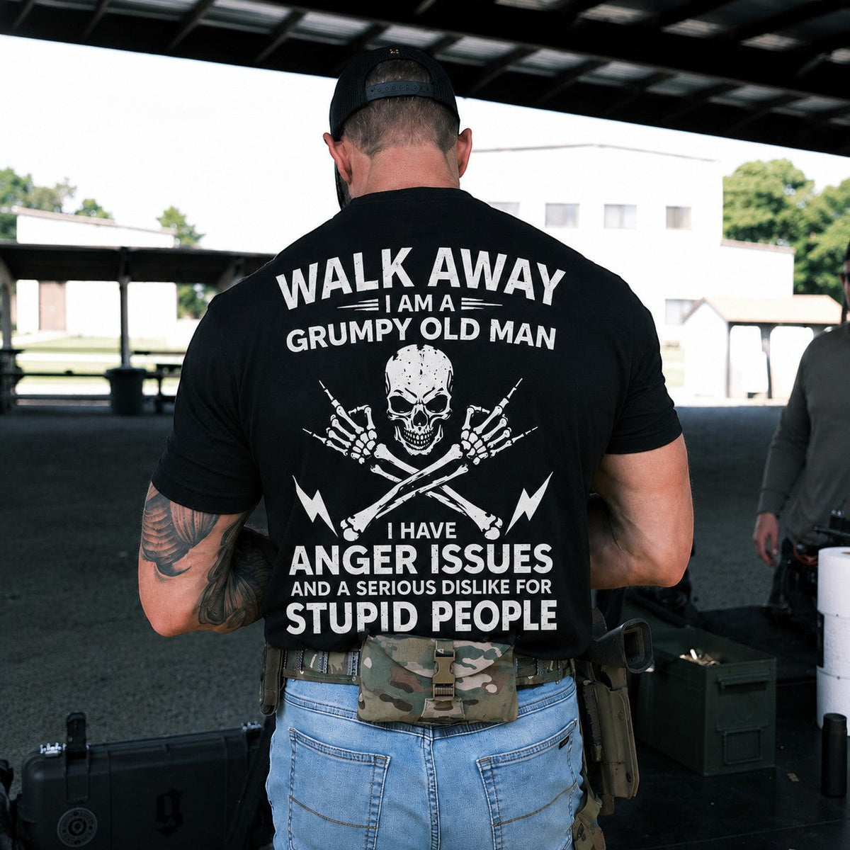 WearTheJoke.com black cotton t-shirt with Grumpy Old Man skull graphic and humorous text on the back